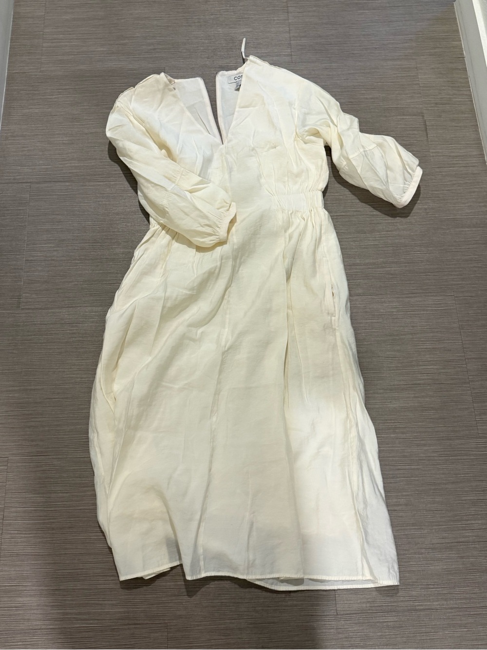 COS Cream V-Neck Midi Dress with Gathered Waist